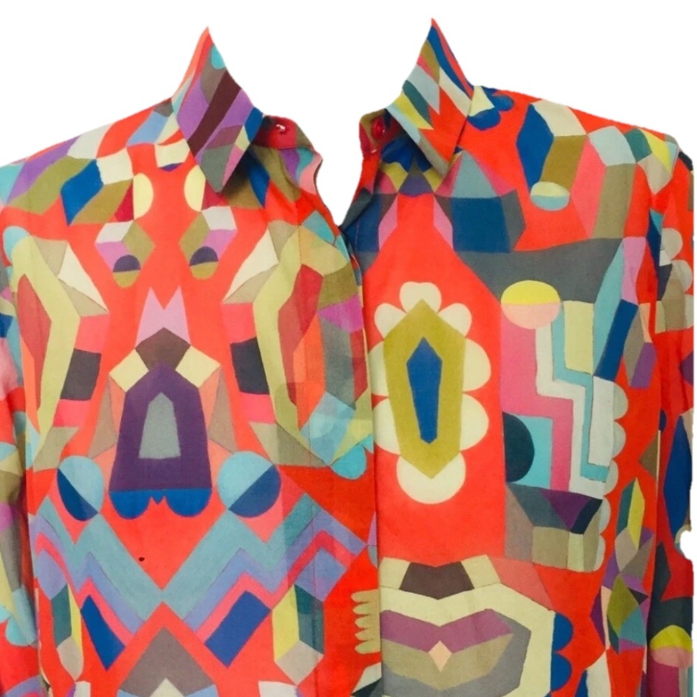 NWT AKRIS blouse Sz.6 Indian Summer print Colorful Geometric cubist Print cotton